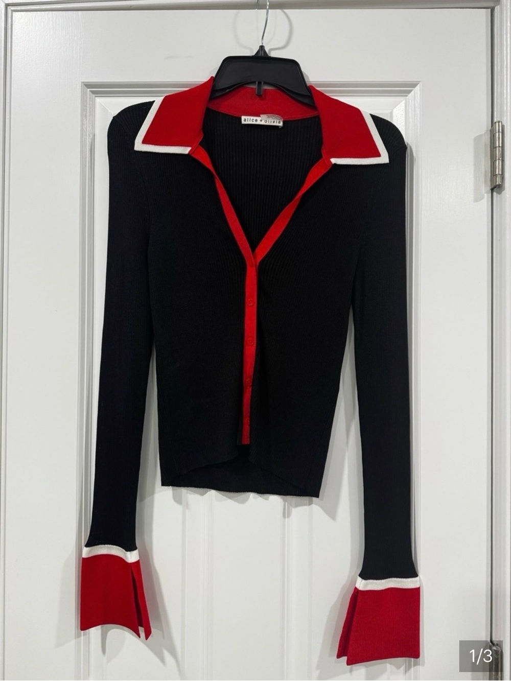 Alice+Olivia XS Fall lightweight Cardigan Black,Red, White Trim, NWOT